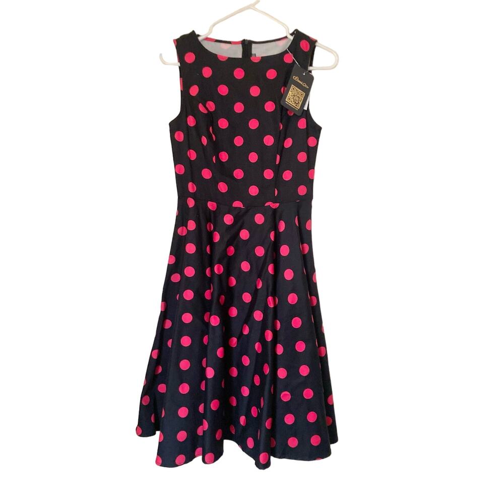 Anni Coco Women's Swing Dress Size S Black Hot Pink Polka Dot NWT